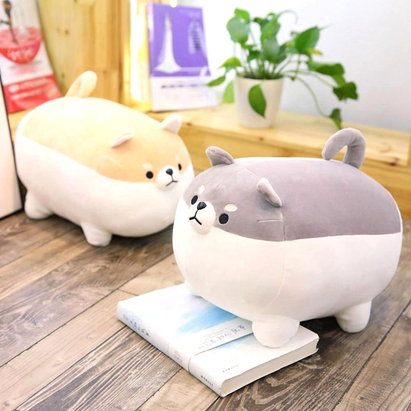Two soft Shiba Inu plush toys, one grey and one brown, sitting on a wooden floor with a book. Kawaii dog plushies, cuddly animal friends.