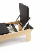 Elina Pilates Elite Wood Reformer with Tower backrest raised on carriage
